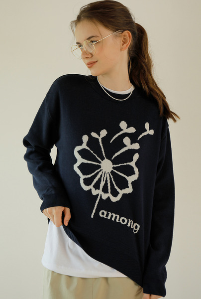 [72,000-&gt;30,000] A FLOWER SEED JACQUARD KNIT_NAVY