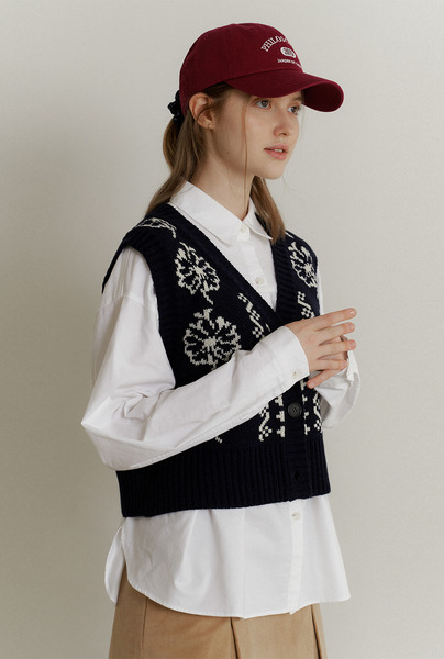 A FLOWER SEED JACQUARD BUTTON VEST_NAVY
