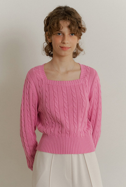 A SQUARE NECK CABLE KNIT_PINK